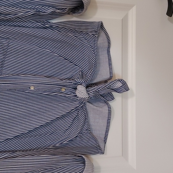 Blue and white striped long or rolled sleeve button down shirt by Eden & Olivia - Picture 3 of 11
